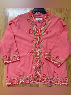 Susan Graver Coral Embroidered Tunic Top Floral Resort 1X